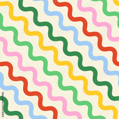 Seamless pattern with colorful wavy diagonal stripes. Holiday vector flat background for textile, stationery or wrapping paper