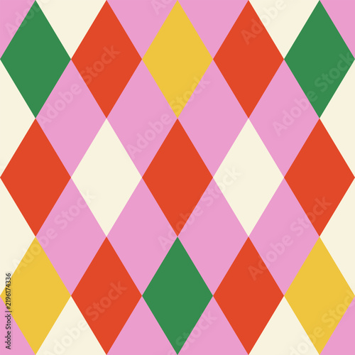 Geometric colorful seamless pattern with rhombuses. Vector flat holiday background. Abstract argyle design for textile, stationery or wrapping paper