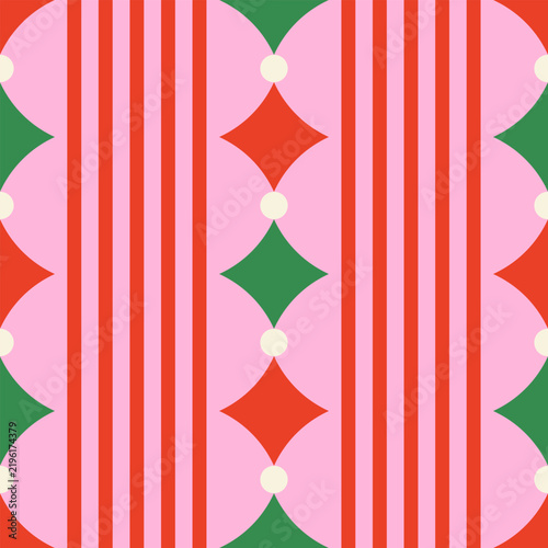 Playful retro geometric pattern with rhombuses and stripes. Vector flat striped background in vintage mid century style. Holiday christmas decorations