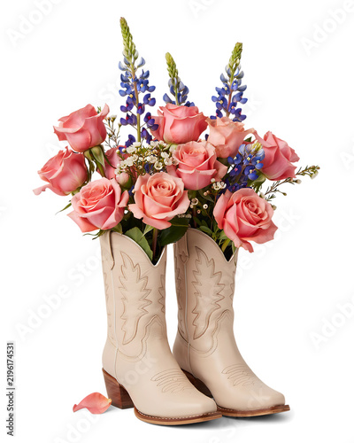 Pair of beige leather cowboy boots filled with pink roses and blue lupine flowers on a black background, western country floral decor isolated on a transparent background