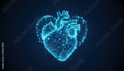 Digital Heartbeat of Innovation: A glowing, particle-based digital heart pulses with vibrant blue light against a dark, futuristic backdrop, symbolizing health, technology, and life.