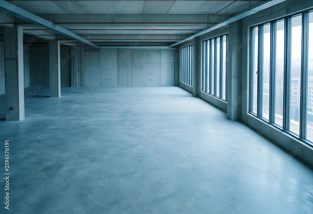 Obraz premium Commercial real estate development, empty office space with concrete floor and large windows for modern corporate interior design and renovation project