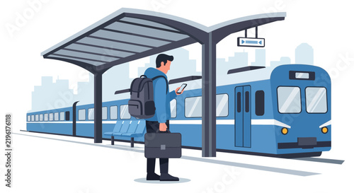 Modern Man Commuter with Backpack and Briefcase Waiting at Train Station Platform and Checking Smartphone, Public Transportation and Urban Travel Vector Illustration