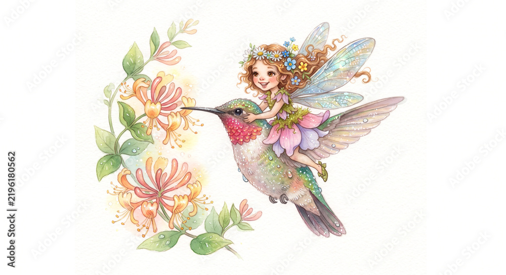 Obraz premium Cute Watercolor Garden Fairy Riding a Giant Hummingbird in Flight