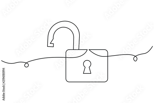 Padlock continuous line art features an open shackle, keyhole, rectangular body, and looping cord drawn with clean black strokes in a minimalist vector style.