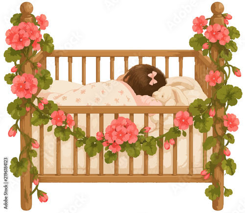 Baby Girl in Crib Wrapped with Pink Florals and Greenery Vines