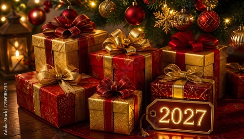 Stack of luxury red and gold gift boxes with satin bows and a 2027 tag sitting under illuminated Christmas tree branches.