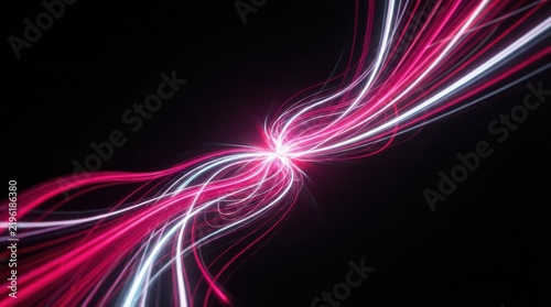 Abstract glowing pink and white light trails on black background