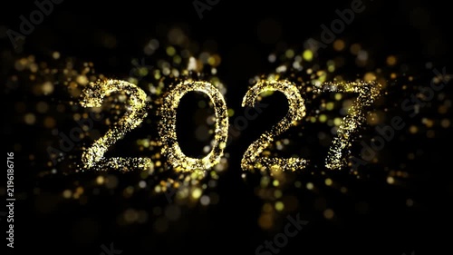 2027 Happy New Year typography made of gold sparkling dust and bokeh lights. Isolated transparent background, Alpha channel ready.