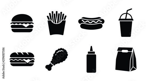 Fast food items depicted as black silhouettes against a white background