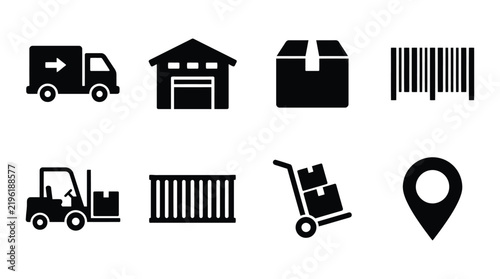 Logistics icons depicting delivery truck vehicle transport
