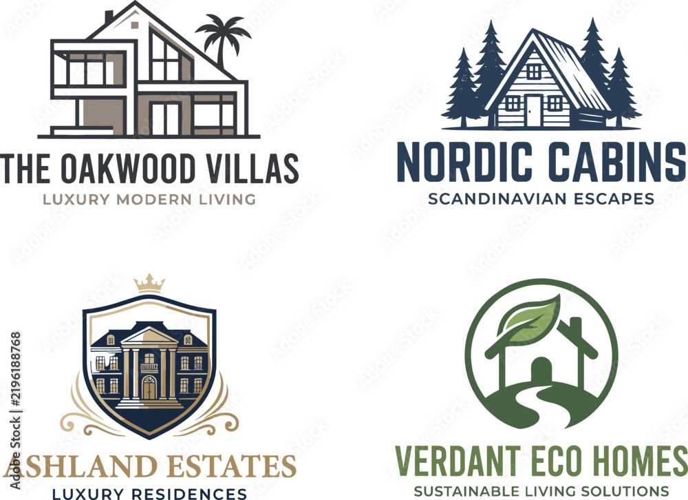 Fototapeta premium Real Estate Logo Collection Featuring Modern Villas Cabins Luxury Estates and Eco Friendly Home Concepts