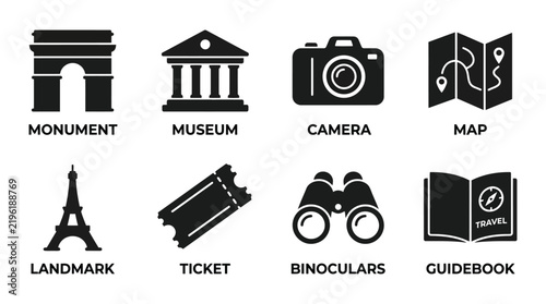 Collection of travel icons in black silhouette style