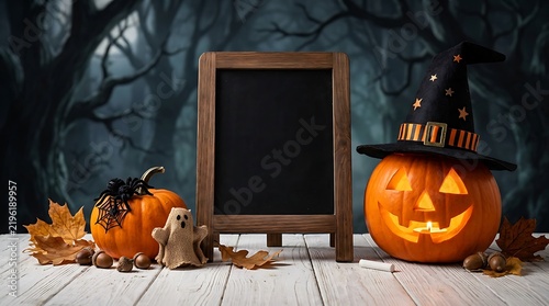 Halloween chalkboard sign with carved pumpkin and ghost decor