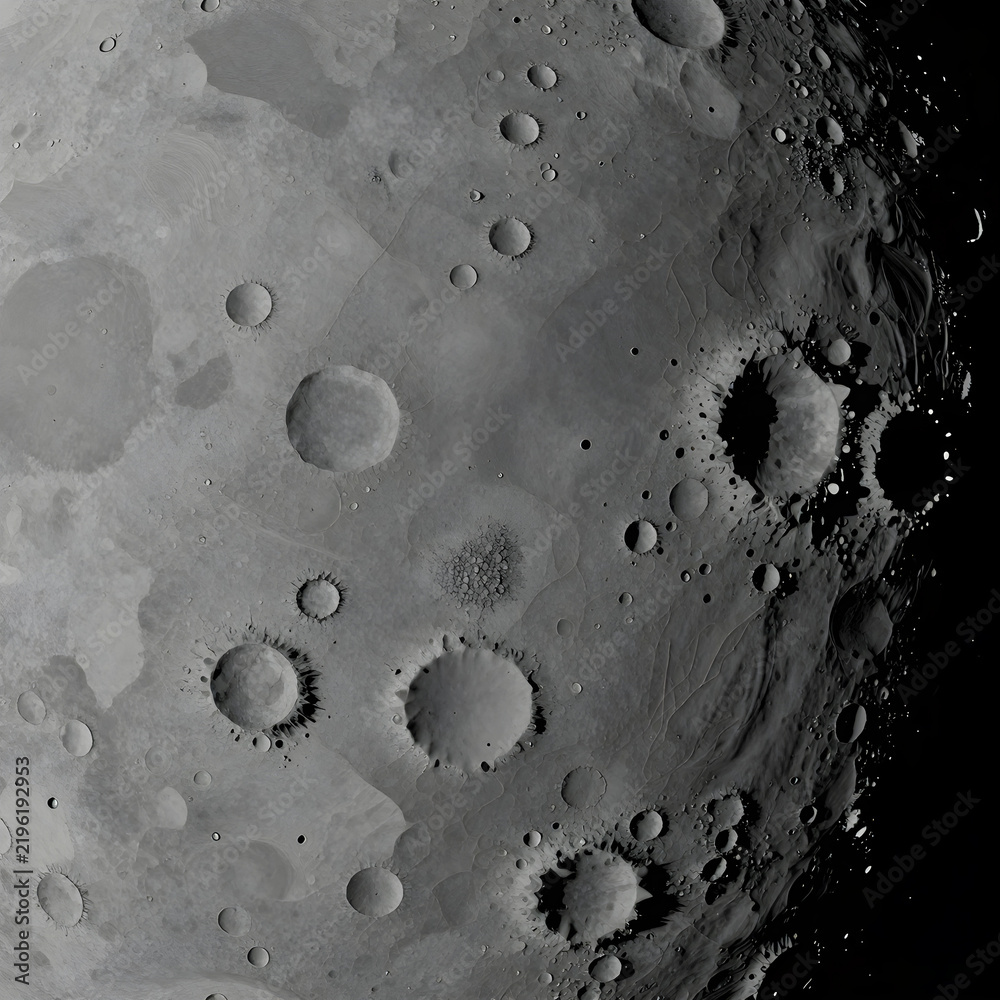 Fototapeta premium Space exploration and astronomy, detailed lunar surface with craters and shadows, moon landscape for science education and cosmic discovery background
