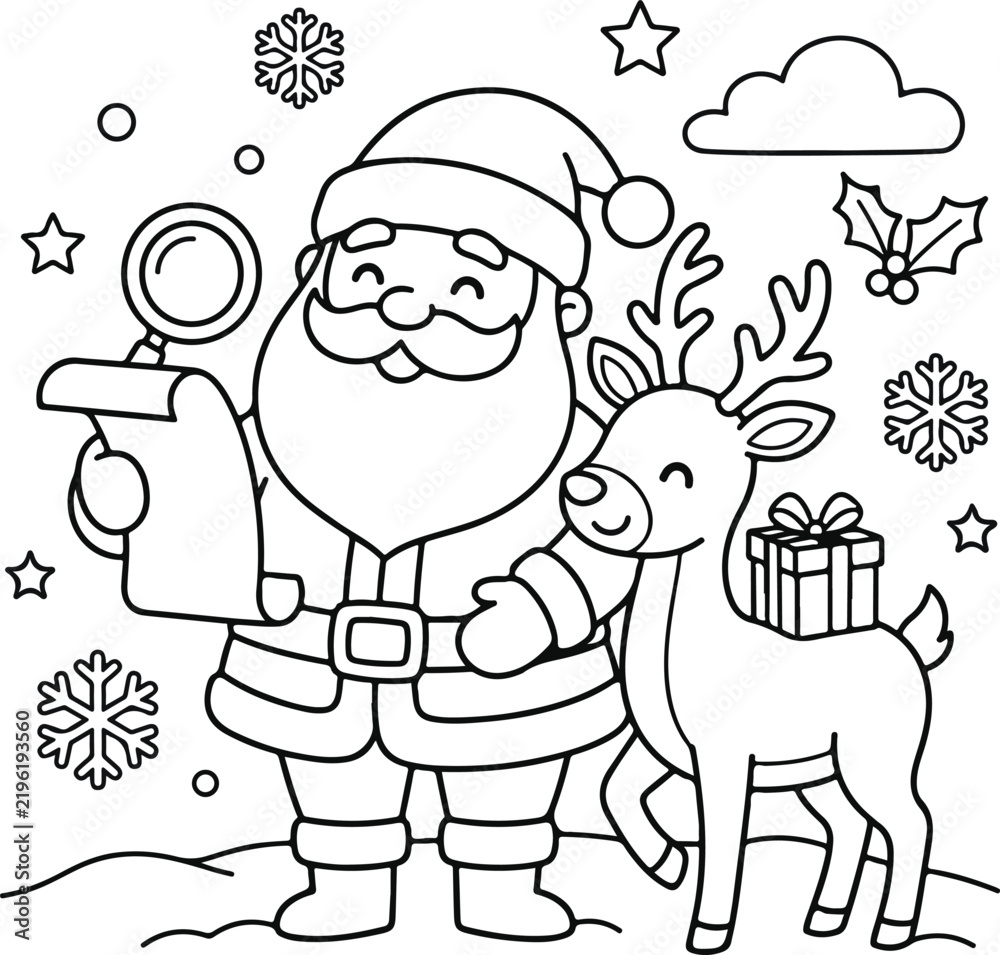 Fototapeta premium Santa claus with magnifying glass checking list, reindeer with gift, winter scene