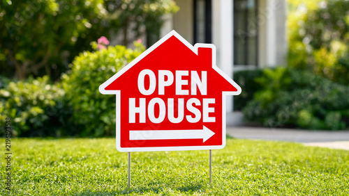 Red open house sign on a residential lawn with blurred home background