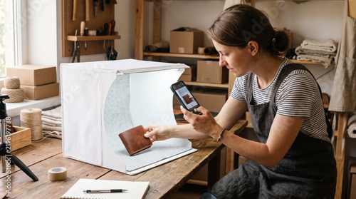 Artisan photographing handmade leather wallet using smartphone in a portable light box for online store