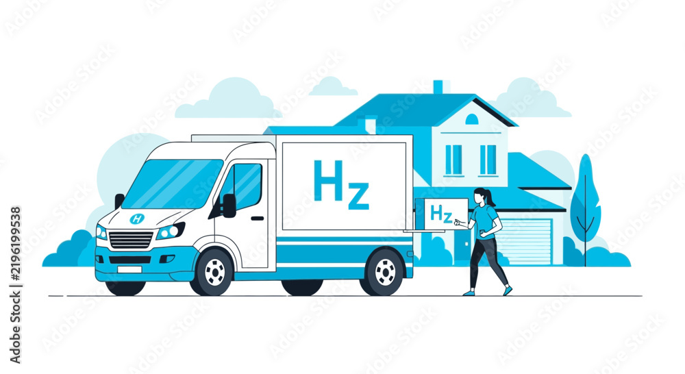 Obraz premium Hydrogen Fuel Cell Delivery Van Vector Illustration: Sustainable Logistics and Eco-Friendly Green Energy Transportation to Residential House