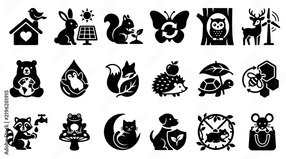Fototapeta premium Set of environmental and wildlife silhouette icons featuring diverse forest animals and nature protection symbols for eco-friendly design projects