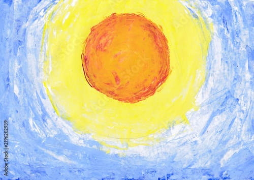 Acrylic painting of Yellow and blue abstract painting featuring a glowing orange circular form creates a warm and radiant artistic composition.