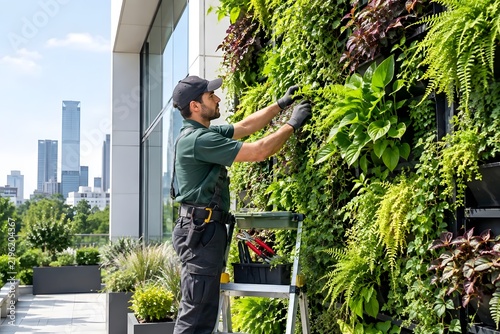 Gardener Pruning Vertical Wall with Lush Greenery in Urban Setting