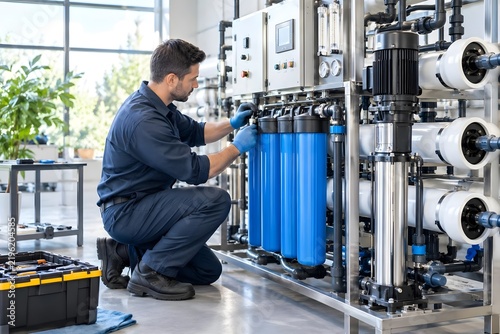 Technician Maintaining Water Purification Equipment in Modern Facility