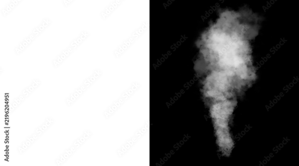 Obraz premium Atmospheric white smoke plume on black background, realistic steam vapor effect, ethereal mist and fog cloud for cinematic compositing