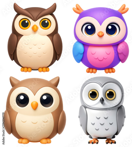 Owl stickers sheet on a transparent background, 3D rendering, collection.