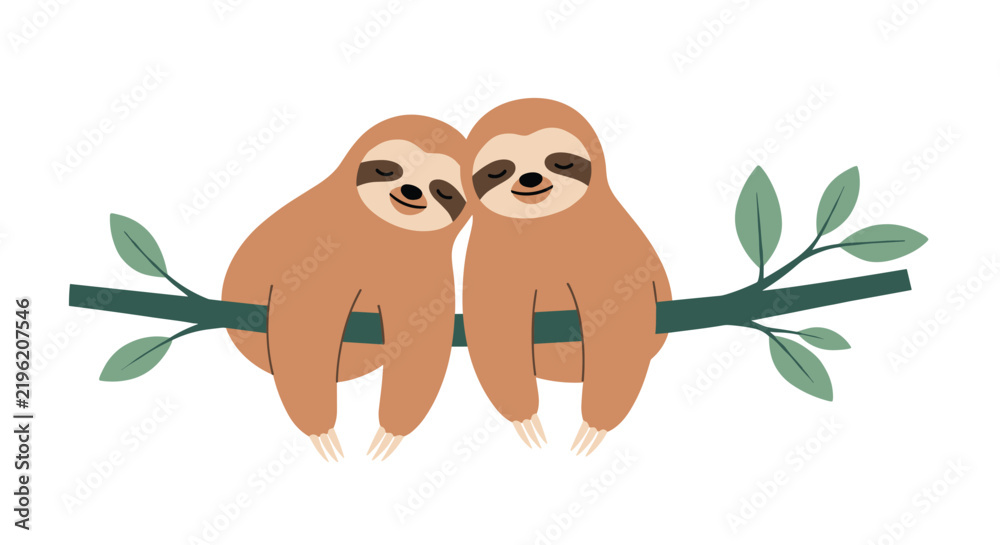 Fototapeta premium Adorable cartoon brown sloths hugging while hanging on a tree branch representing friendship love and relaxation.