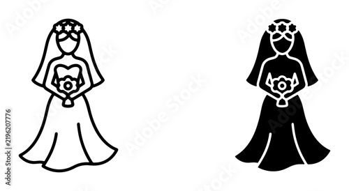 Bride Icon Set, Wedding Vector Graphics, Bridal Silhouette, Marriage Ceremony Symbols, Elegant Bride Illustration