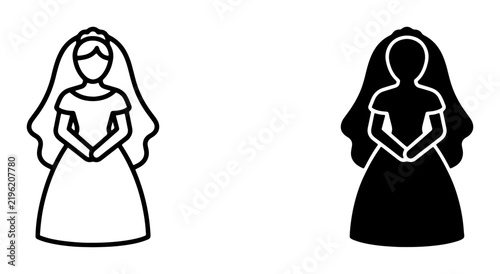 Bride Icons, Wedding Dress Vector Graphics, Bridal Silhouette, Marriage Ceremony Symbols, Elegant Female Figure, Black and White Design Elements
