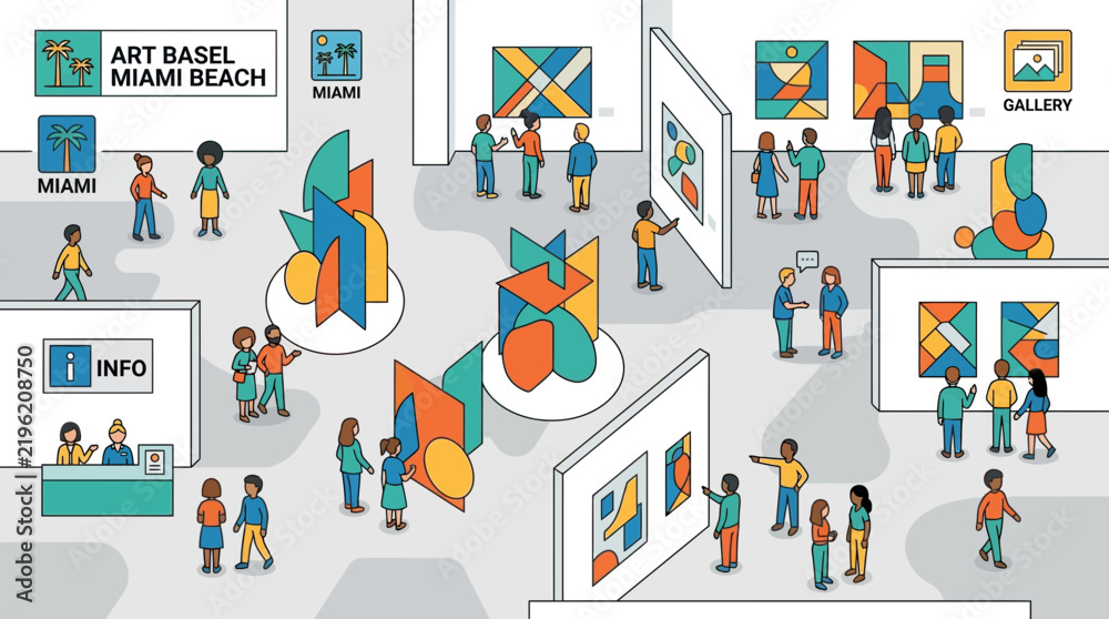 Fototapeta premium Isometric illustration of Art Basel Miami Beach art fair with visitors viewing paintings and sculptures across gallery booths