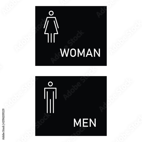 Universal restroom wayfinding sign set. Modern white outlines on black icons for men, women, disabled. Arrow directions, labels: MEN, WOMAN, REST ROOM, DISABLE, TOILET. Minimalist design for public sp