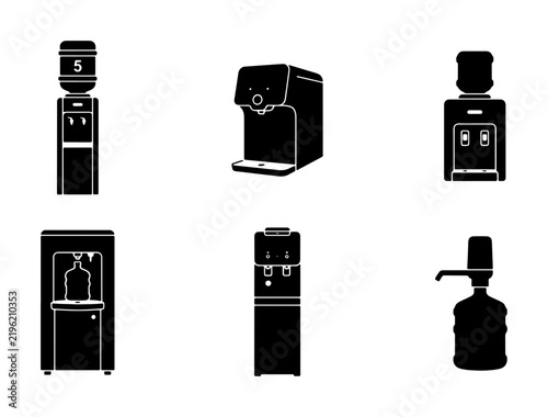 Black water cooler icons, bottle dispenser and pump, graphic design