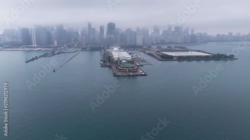  Aerial Drone View of Navy Pier and Chicago Skyline Over Lake Michigan in Fog