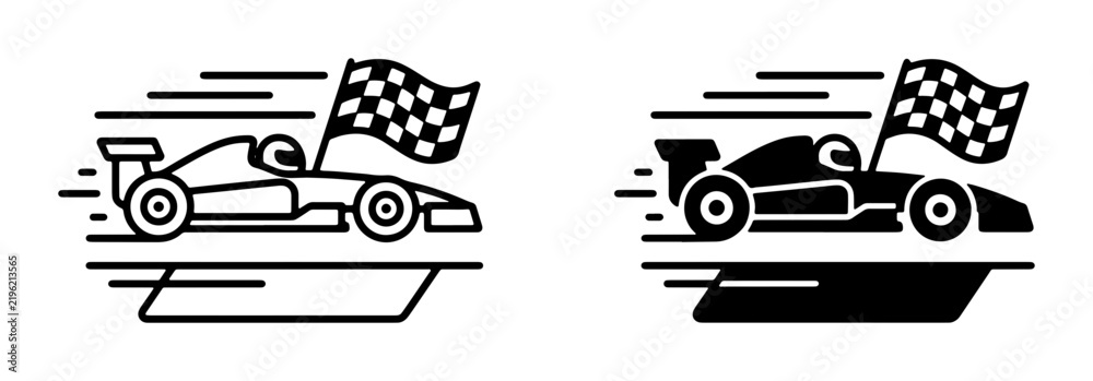 Obraz premium Formula 1 Racing Car Icon Set, Speeding Race Car with Checkered Flag, Vector Graphics for Motorsport and Competition Themes