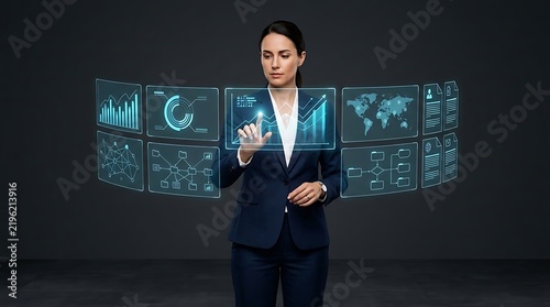Businesswoman touching digital screens with financial data