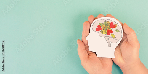 Mental health day, mind with heart and colorful foliage, neurodiversity autism, emotional intelligence, kindness, empathy and support, positive thoughts, human brain