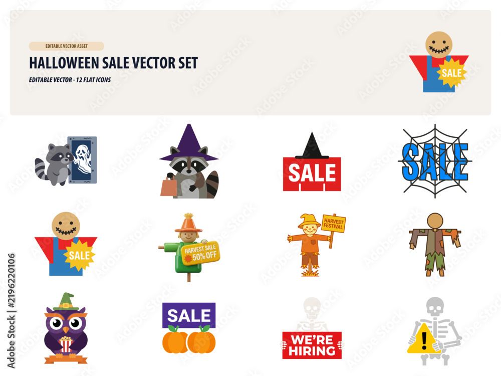 Fototapeta premium Halloween Sale Vector Set with Cute Characters and Symbols.