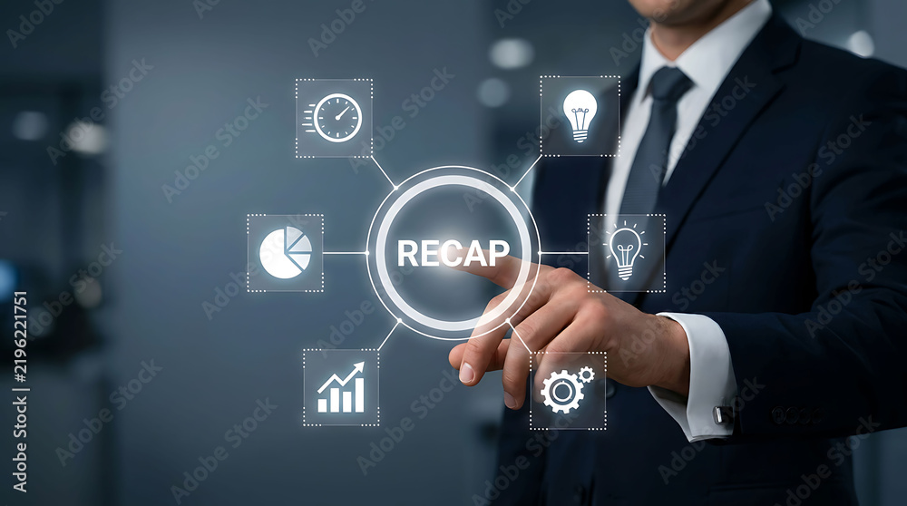 Obraz premium Businessman interacting with digital recap interface and business icons in office