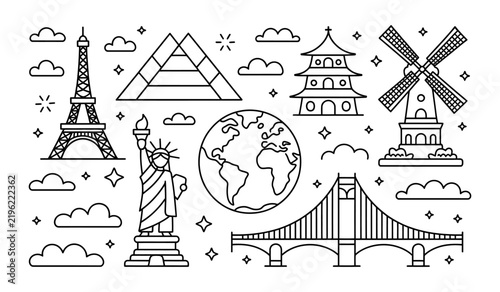 World travel landmarks and globe icon set