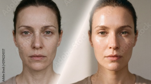 Close-up of woman's face before and after cosmetic procedures. Aesthetic cosmetology, dermatology, skincare concept. Side-by-side collage for commercial presentation 
