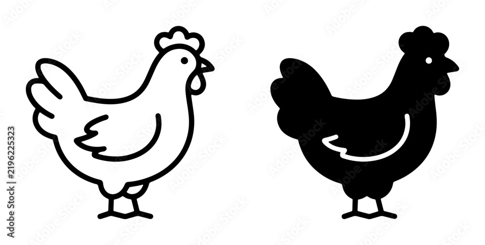 Fototapeta premium Chicken Icons: Simple Outline and Solid Silhouette Vector Graphics for Farm and Food Concepts, Poultry and Agriculture Design Elements
