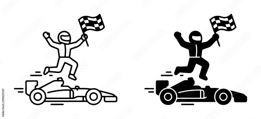 Obraz premium Racing Victory Celebration, Formula 1 Driver with Checkered Flag, Silhouette and Outline Icons