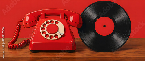 A vintage red rotary telephone paired with a black vinyl record, placed on a wooden surface against a red backdrop, showcasing retro audio and communication items.