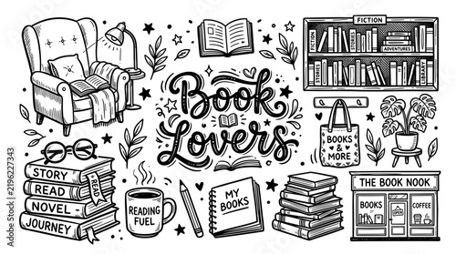 Hand Drawn Book Lovers Doodles Collection