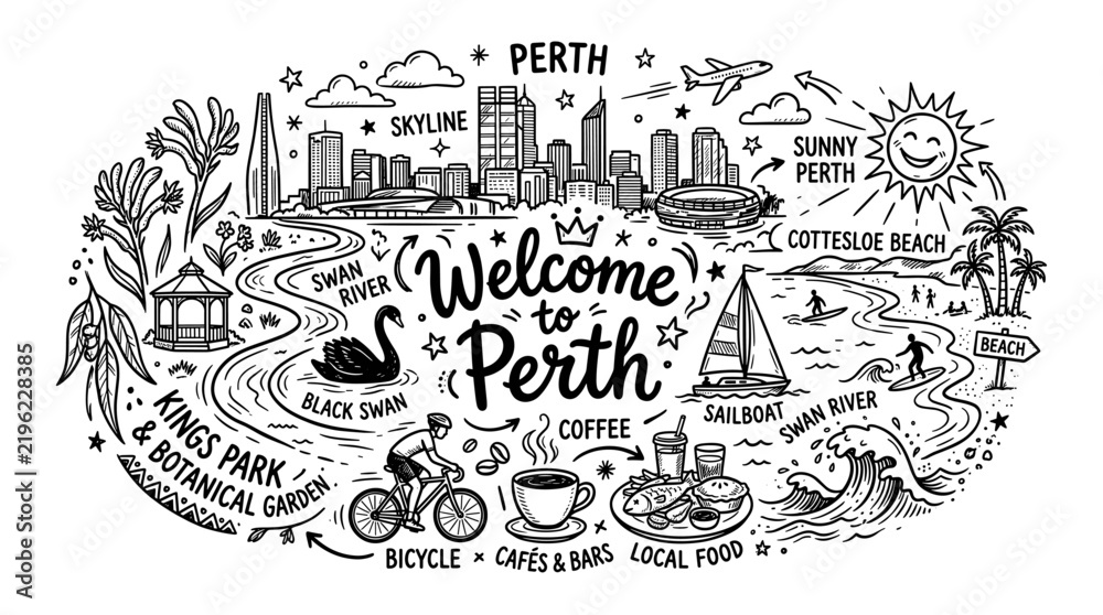 Fototapeta premium Hand Drawn Perth City Travel Doodle Illustration