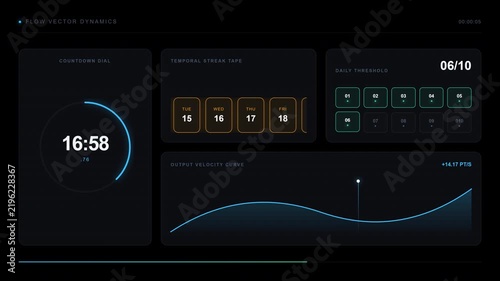 Digital data dashboard interface with animated graphs and timers