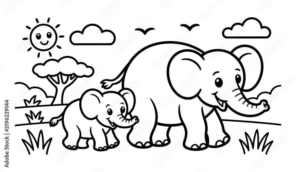 Obraz premium Coloring page of a cute mother elephant walking with her baby calf